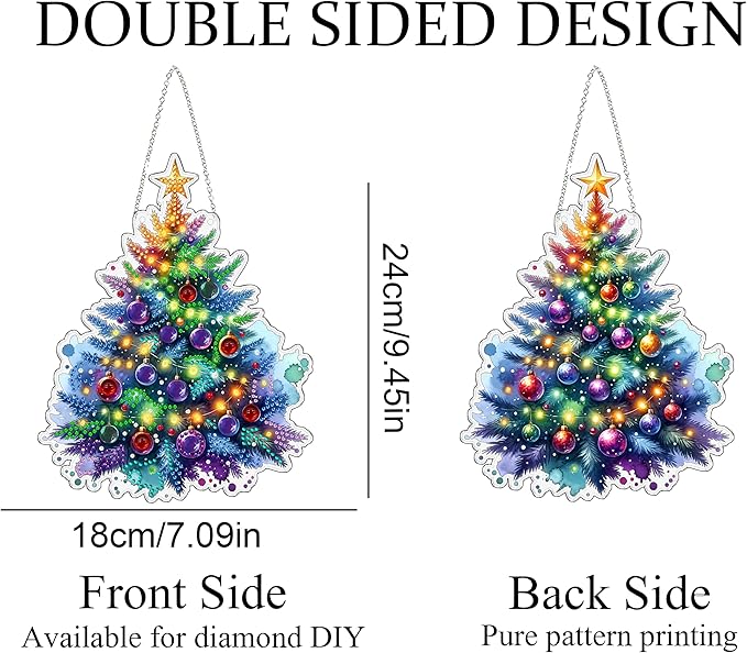 JJFox Diamond Art Hanging Kit for Adult,Special Shaped Rhinestone,Double Sided 5D DIY Acrylic Diamond Art Painting Window Pendants Home Garden Wall Hanging Kits Hanging Ornament (Christmas Tree)