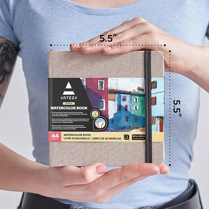 ARTEZA Watercolor Sketchbook, 3-Pack, 88 Pages Each, 5.5 x 5.5 Inches, Beige Hardcover, 110-Pound Paper