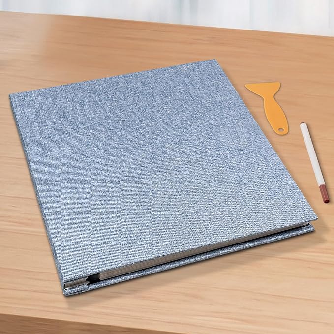 Large Photo Album Scrapbook, Holds 4x6, 8x10 Pictures, Self-Adhesive Pages for Baby, Wedding, Travel & Family Memories, Includes Metallic Pen & Scraper, Light Blue DIY Memory Book for Gifts