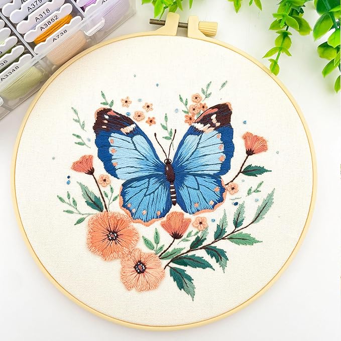 Silentsea Embroidery Kit, Floral and Nature Designs, 3-Pack with Hoops, Needlework Pattern Set (Butterfly)