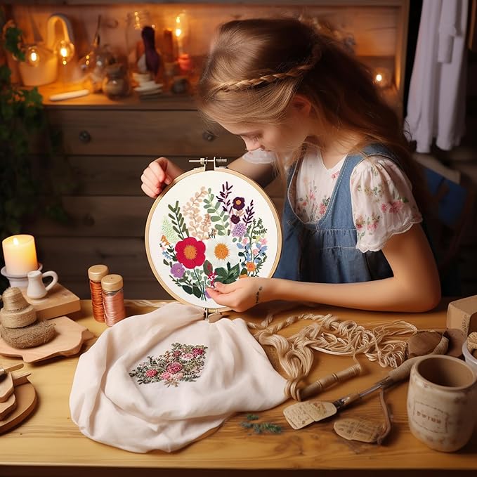 bonroy 4 sets embroidery kit for beginners with instructions,cross stitch kits for adults with pattern,needlepoint kits for adult include embroidery cloth hoops needles threads