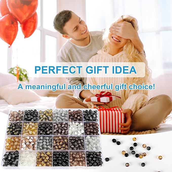 XSEINO About 1200PCS 6mm Crack Glass Beads,24 Assorted Crack Earthtone Blackwhite Series Colorful Crystal Beads for Bracelet and Jewelry Making and DIY Crafts,Friendship Bracelets