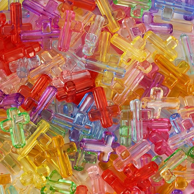 FASHEWELRY 200Pcs Candy Color Acrylic Cross Beads Clear Small Crosses Spacer Beads Transparent Acrylic Pony Bead Cute Bead Bulk for Bracelet Necklace Jewelry Making