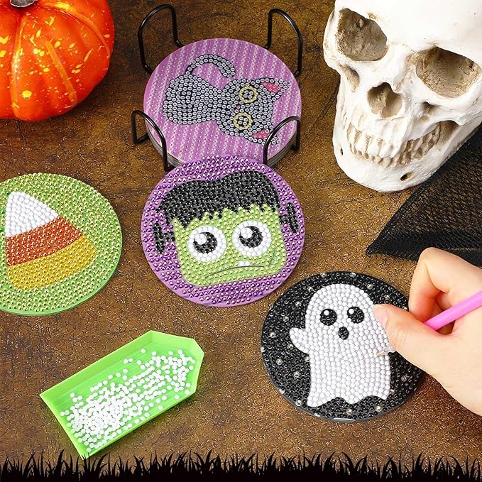 UPINS 8Pcs Halloween Diamond Art Painting Coasters Kits with Holder Diamond Art Non Slip Coaster Kits DIY with Holder Crafts for Adults Diamond Art Painting Kits Supplies