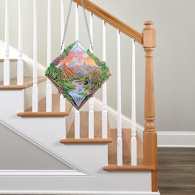 Pavemlo Hanging Diamond Art Kits for Adults Landscape – 8x8 Inch Double-Sided Acrylic Board DIY Crystal Diamond Suncatcher Pendant, Sparkling Home Wall or Window Decoration Handmade Gift