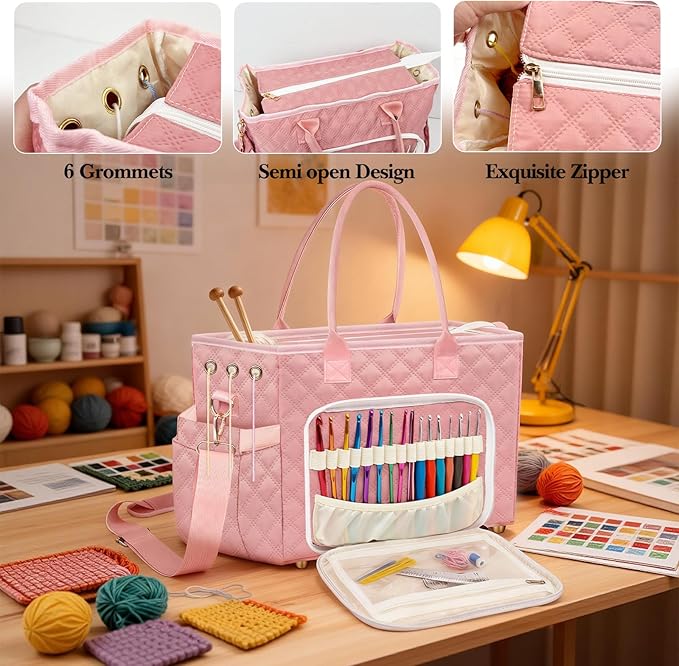 VERONLY Crochet Bag Yarn Storage, Large Knitting Tote with Padded Crochet Hook Organizer, Tote with Multiple Compartments for Crochet Lovers, Knitting Accessories, Unique Valentines Gifts for Her