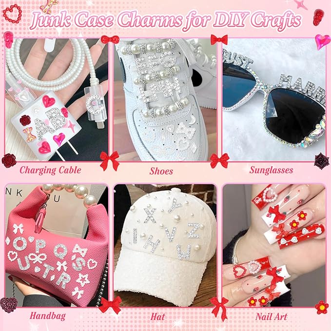 330 Pcs Junk Phone Case Charms 26 Pcs A-Z Rhinestone Alphabet Letter Charm, Mix Red White Flower Bow Heart Pearls Flatback Resin Charms Letter Junk Cases Kit for DIY Crafts