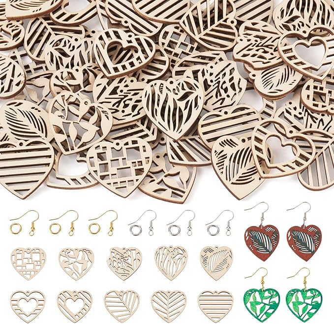 Elecrelive 60pcs Heart Wooden Earring Charms Heart Filigree Earring Making Kit with Ear Wires Jump Rings for Valentine's Day DIY Necklace Jewelry Making