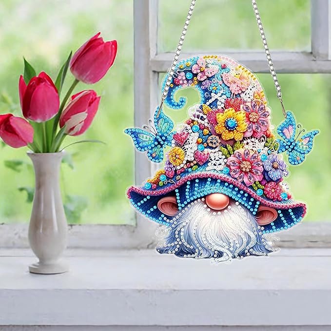 Auremi Gnome Diamond Art Pendant Kits,5D Flower Diamond Art Diamond Painting Hanging Kits,DIY Special Shaped Diamonds Painting Suncatcher Pendant Kit for Adults for Gift Wall Home Decor