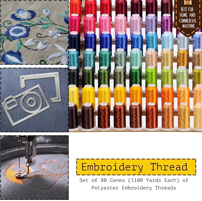 80 Cones (1100 Yards Each) of Polyester Embroidery Threads Compatible with Brother Babylock Janome Singer Pfaff Husqvarna Bernina Machines