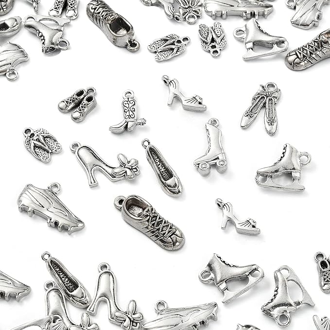 DanLingJewelry 120Pcs 12 Styles Tibetan Style High Heel Shoe Charms Boot Ballet Sneaker Shoes Charms for Jewelry Making Crafting