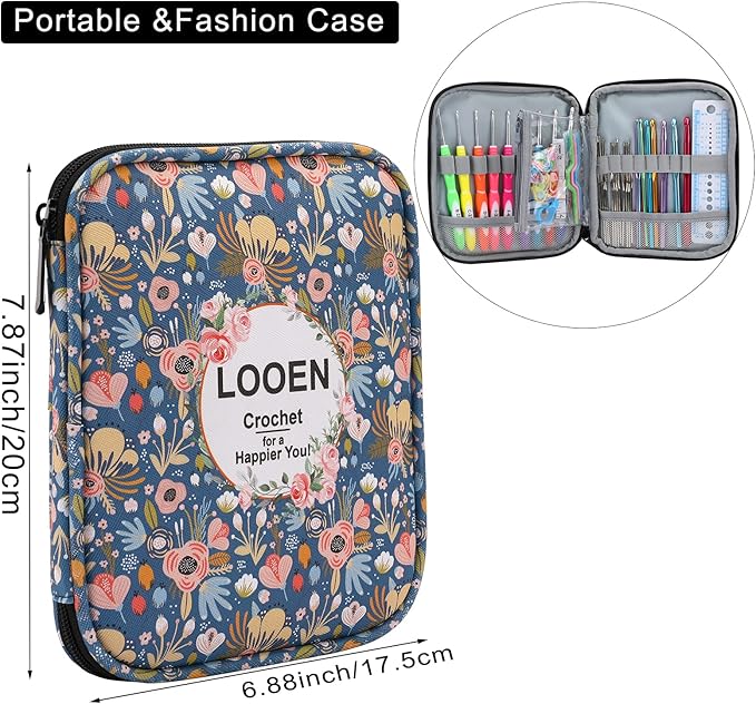 LOOEN New Set Crochet Hooks Set 62pcs Crochet Kit, 9pcs Rubber Handles Hook 2.0MM-6MM and 9pcs Aluminum Hooks Hook 12pcs Lace Hooks Comfort Grip for Arthritic Hands-Accessories Included (A - Blue)