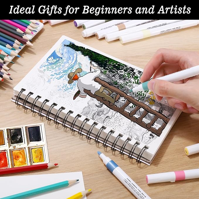 4 Pack Mixed Media Sketchbook, 5.5x8.5 inches Drawing Paper Sketch Book, 98lb/160gsm Heavyweight Spiral Bound Sketch Pads, Suitable for Wet and Dry Media, Drawing, Painting, Sketching(200 Sheets)
