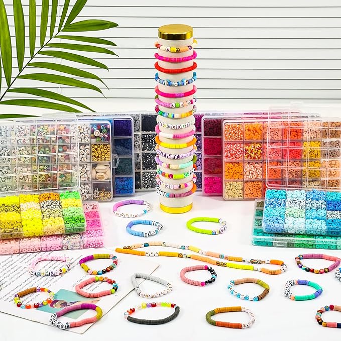 XSEINO 46000Pcs Clay Beads - 216Colors 10Boxes Clay Beads, 5 Styles Letter Beads,with Rich Making Accessories and 3 Rolls Crystal Cord,for Crafts