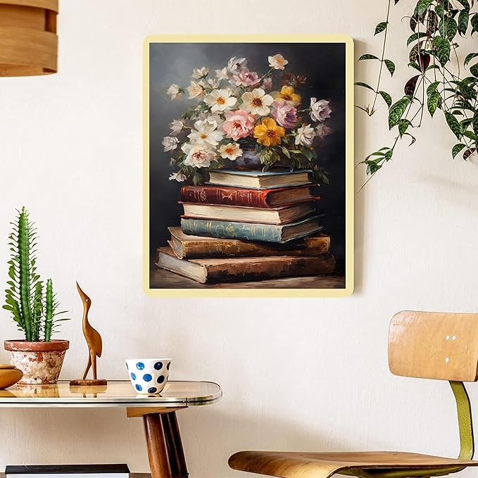 Book Paint by Numbers for Adults with Framed Canvas - with Wooden Easel, Paint by Number on Canvas Flowers, Acrylic Vintage Oil Painting Kit with Brushes Nice Gift Box for Home Wall Decor (12x16 inch)