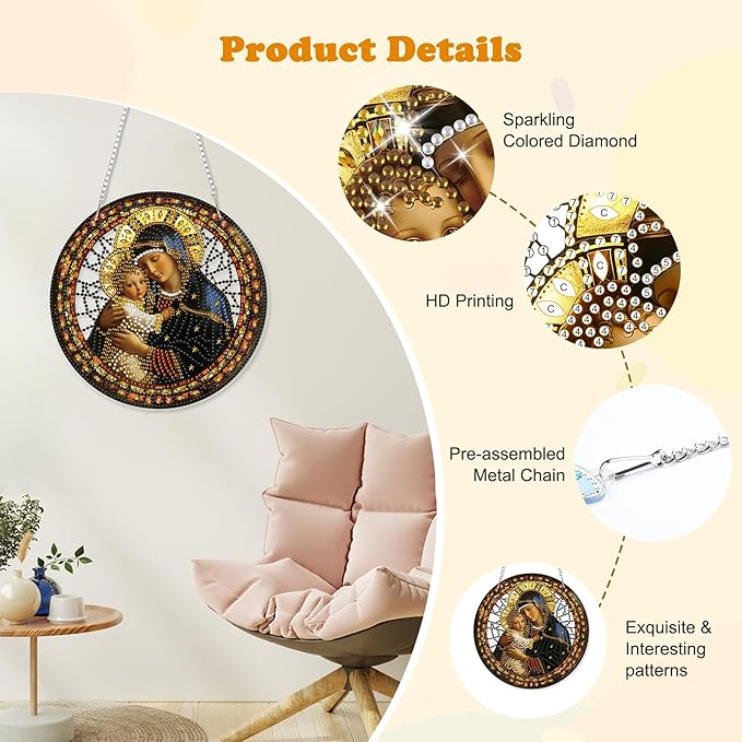 HEIBAGO Easter Diamond Art Hanging Kits for Adults, Diamond Art Suncatchers Virgin Mary, 5D Special Shape Diamond Painting Pendant, DIY Window Ornament Gifts for Home Garden Door Wall Decor 8.3x8.3 In