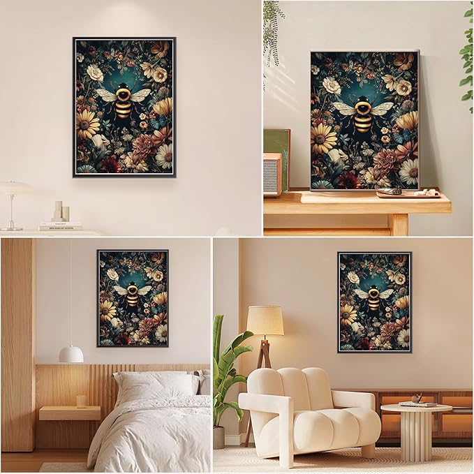 EOBROMD Framed Paint by Numbers Kits for Adults - Wooden Easel, Bee Flowers DIY Kits Crafts for Beginner, Painting on Stretched Canvas, Oil Paint by Numbers for Home Decor Gift 10x14 Inch