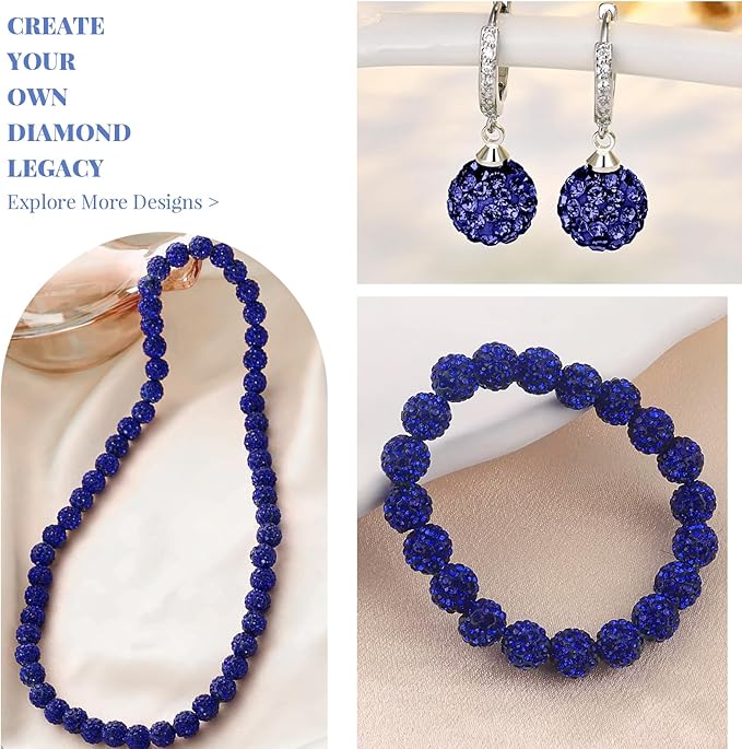 100Pcs 10mm Dark Blue Rhinestone Beads for Jewelry Making, Shiny Round Disco Ball Sparkly Crystal Clay Beads Bulk with 10-Grid Storage Box for DIY Baseball Necklaces Shamballa Bracelets