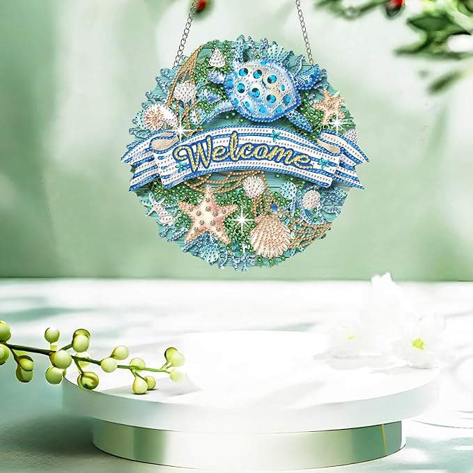 Welcome Sign Diamond Art Kits for Adults 5D Diamond Hanging Ornament Kits for Front Door DIY Special Shaped Crystal Art Suncatcher Porch Crystal Hanging Pendant Ornament (Welcome02)