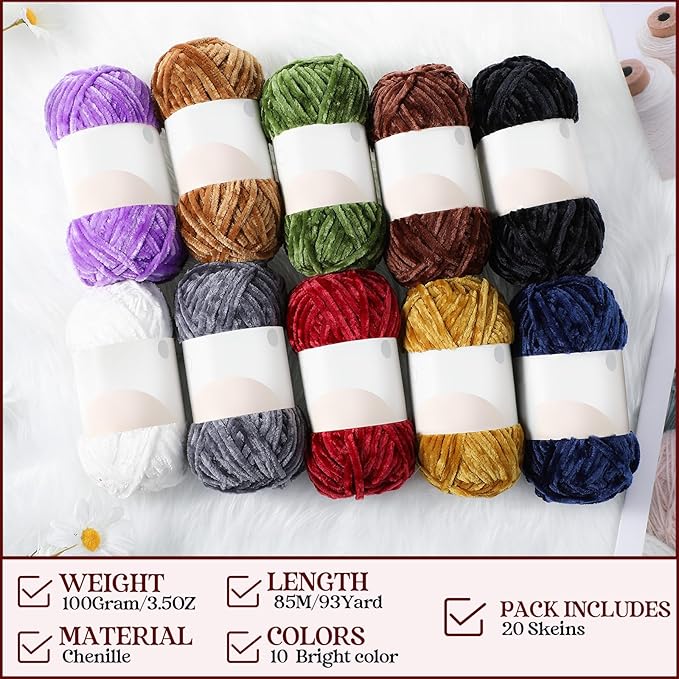Woanger 20 Skeins Soft Chenille Yarn Velvet Blanket Yarn for Crocheting Hand Knitting Weaving DIY Craft, 10 Colors, 93 Yards Each (Bright Color)