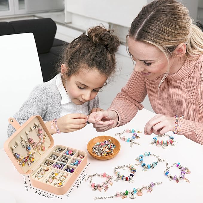 UFU Charm Bracelet Making Kit, 120Pcs DIY Jewelry Making Kit Arts & Crafts Gift for Girls 5 6 7 8-12, A Sweet Birthday Gift & Toy to Inspire Imagination & Creativity, with Portable Jewelry Box