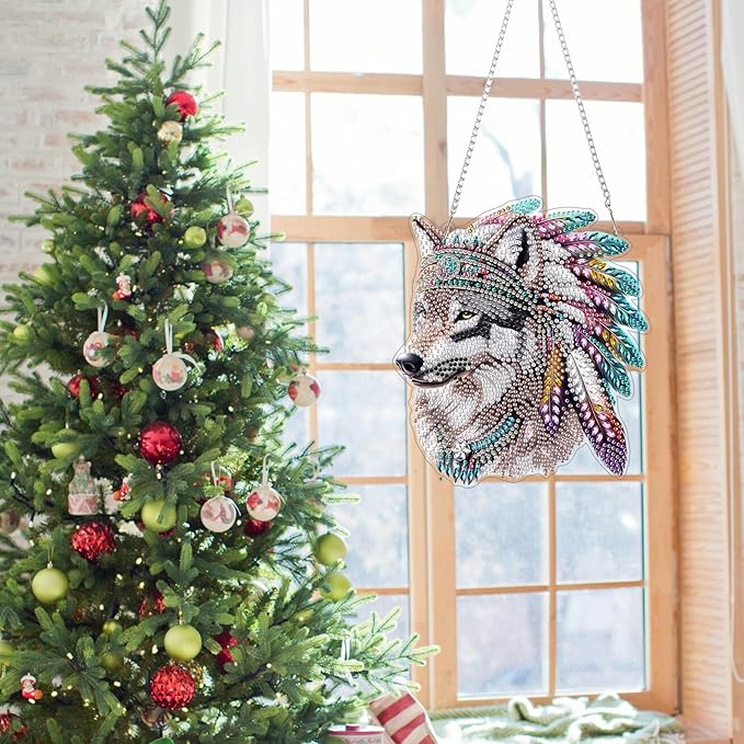Genius maker Wolf Diamond Art Hanging Kits for Adults, Animal Diamond Painting Pendant Kits, DIY Acrylic 5D Special Shaped Crystal Diamonds Gem Art Painting Ornament for Home Wall Decor Gift 8x8 Inch