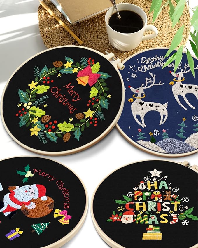 TINDTOP Christmas Embroidery Kit for Adult, 4 Pack Embroidery DIY Starter Kit, with Stamped Patterns, Hoop, Tools, Colorful Threads with Needles, Instructions