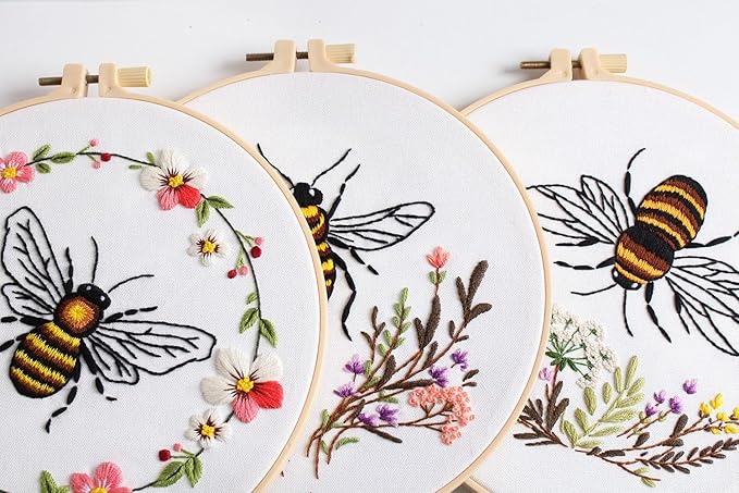 konrisa embroidery kits for adults beginner, european style bees collect honey stamped embroidery starter kit,diy sewing practice, needlepoint cross stitch kit,set of 3