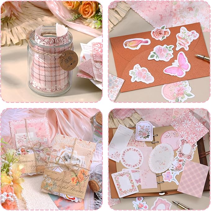 TIESOME 100pcs Vintage Floral Scrapbook Paper and Journaling Stickers Assorted Set, Memo Labels for Junk Journal Planner Collage Card Album Decor(Pink)