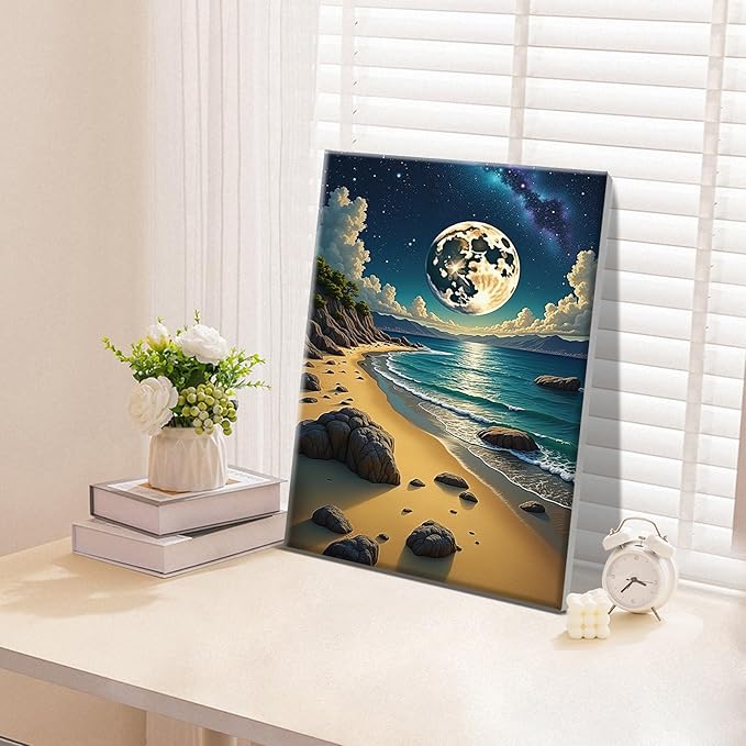 ATDMS Paint by Numbers Kit for Adults with Frame Moon Paint by Number with Easel Beach Adult Paint by Number Kits Framed Canvas DIY Moonlight Acrylic Oil Painting Kits for Home Wall Decor 8x12 Inch