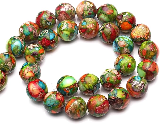 youngbling natural gemstone beads for jewelry making,10mm green red imperial jasper polished round smooth stone,genuine real stone beads for bracelet 15 inch(green red imperial jasper,10mm)
