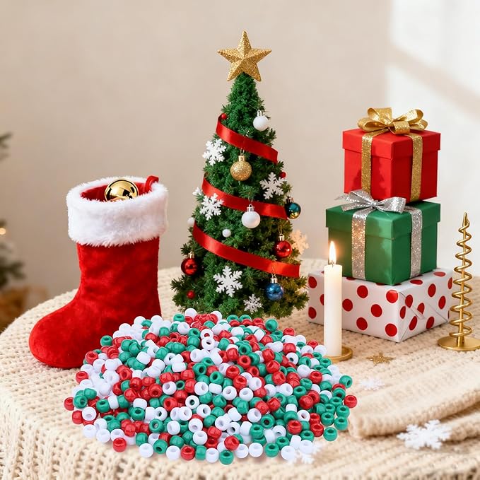 1000 Pcs Christmas Pony Beads Plastic Bead for Bracelets Christmas Beads for Jewelry Making Red Green White Pony Bead for Crafts Suitable for Ages 14 and Above