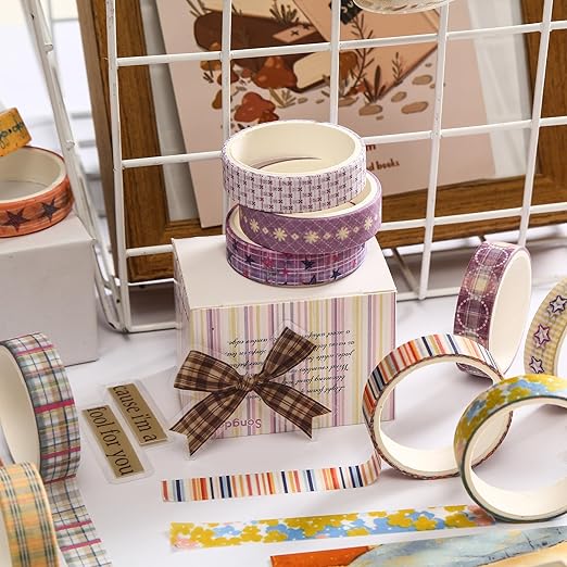 60 Rolls Cute Washi Tape Pack Basic Mini Adhesive Tapes Stars, Plaids, Florals, Grids & Dots Patterns Decorative Masking Tape Sets for Craft, Kids, Scrapbook, DIY, Gift Wrapping (Basic)