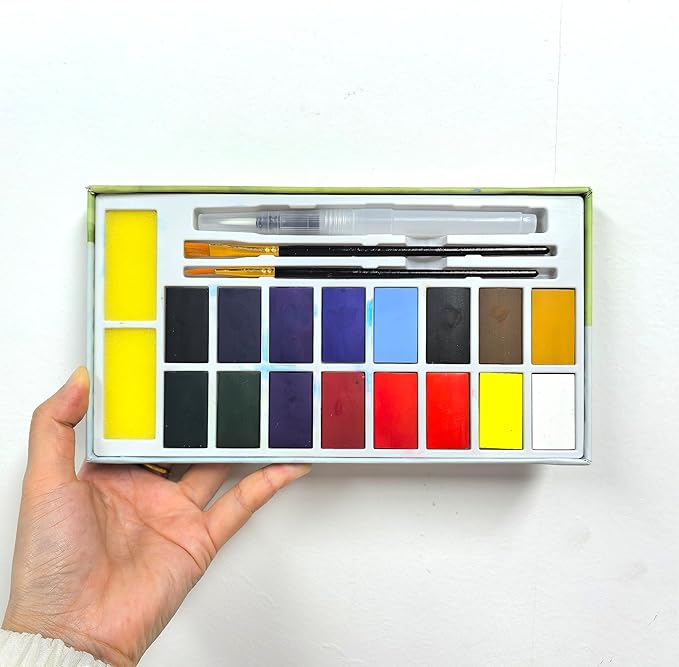 16 Colors Large Block Watercolor Paint Set for Watercolors Workbook, Portable Water Colors Paint Kit with 2 Paintbrushes 1 Waterbrush, for Adult Painting Beginners & Professional Amateur Hobbyists (Classic 16 Colors)