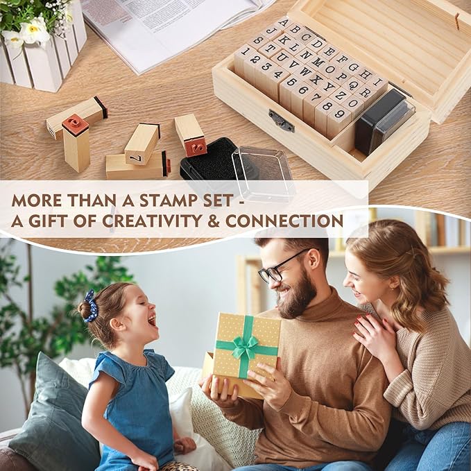 Letter Stamps 36 Pcs with Wooden Storage Box, Premium Alphabet Stamps Set for Crafting, Essential Rubber Letter Stamp Kit for Clay, DIY Cards & Scrapbooking