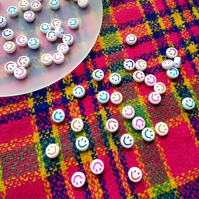 Amaney 500pcs Smiley Face Beads 7x4mm Colorful On White Happy Face Spacer Beads for DIY Jewelry Making Bracelet Earring Necklace Craft