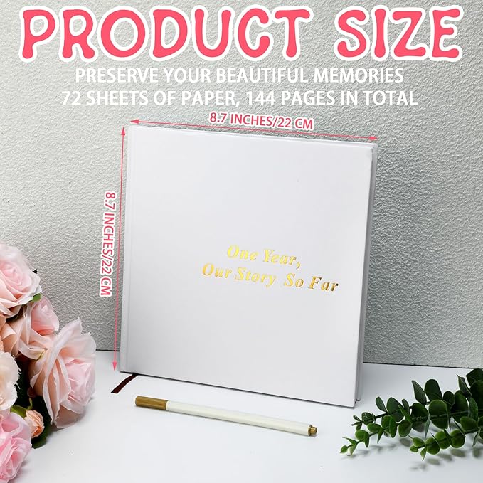 Colarr Hardcover Couples Scrapbook 144 Pages 8.7 x 8.7" Couples Photo Album Scrapbook Relationship Journal for Memory Book Gift for Wedding with 2 Markers(White,One Year)