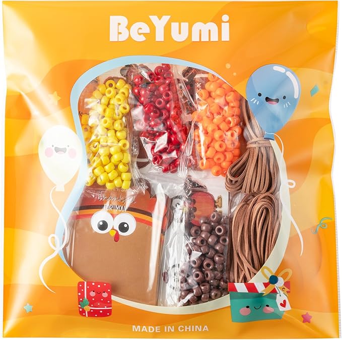 BeYumi Thanksgiving Necklace Craft Kit - 24Pcs DIY Fall Thankful Turkey Wooden Pendant Beads Necklace Making with Greeting Card Autumn Gratitude Charms Kit Home School Classroom Party Favor