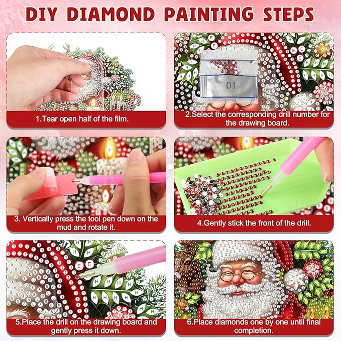 DOMROM Santa and Elk Diamond Art Hanging Kits for Adults Beginners, Christmas Special Shaped Crystal Diamond Painting Santa Pendant, DIY Diamond Art Suncatchers for Home Garden Wall Decor Gift