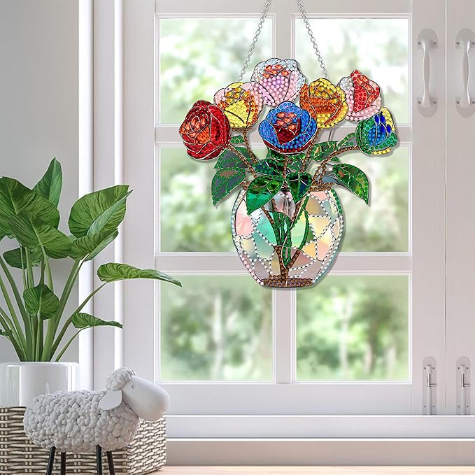 SKRYUIE Flower Hanging Diamond Art Kits for Adults Pendant Suncatcher, Special Shaped Crystal DIY Pearl Diamond Painting Kit, Gift for Mother Spring Summer Window Wreath Decor 7.33 x 7.09 Inch A29