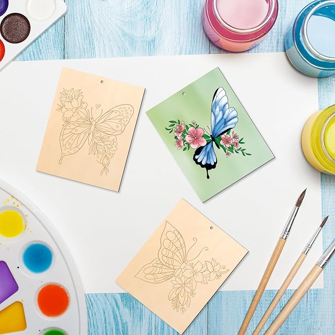 COCHIE 10 Pieces Large Spring Butterfly Unfinished Wood Crafts to Paint for Adults, Bulk Predrilled Wooden Ornaments for Painting, Butterflies Paintable Wood Slices Craft Supplies with Ropes