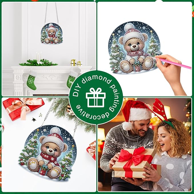 Christmas Diamond Painting Hanging Ornament Kit, 5D DIY Crystal Diamond Art Pendant with Bear Doll and Christmas Tree, Wall, Window & Door Decoration for Adults, Home Holiday Gift, 24.1 x 23.1 cm