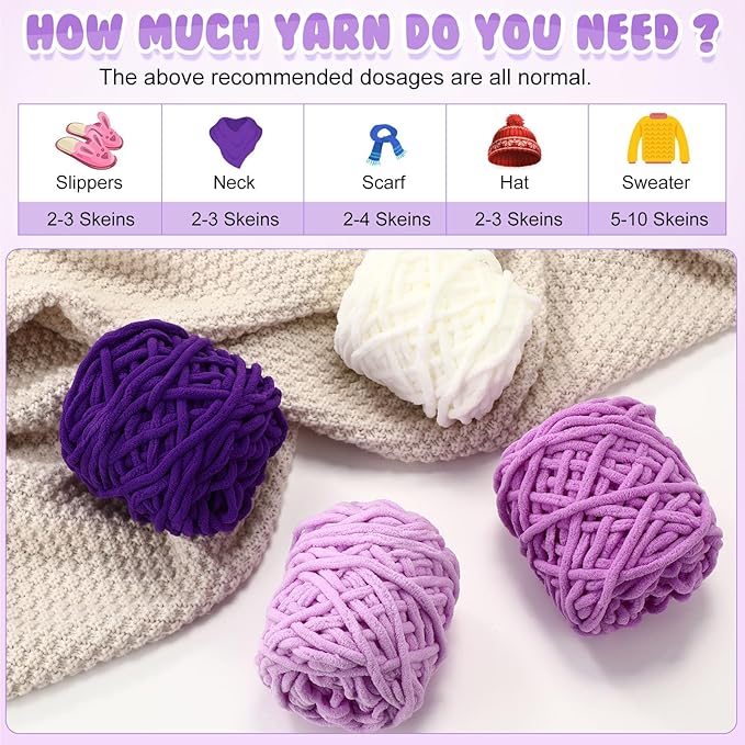 Buryeah 8 Pack Chunky Chenille Yarn for Crocheting Soft Thick Fluffy Yarn for Hand Knitting Bulky Velvet Blanket Plush for Weaving DIY Crafts Each 3.5 oz 55 Yards (Purple Series)