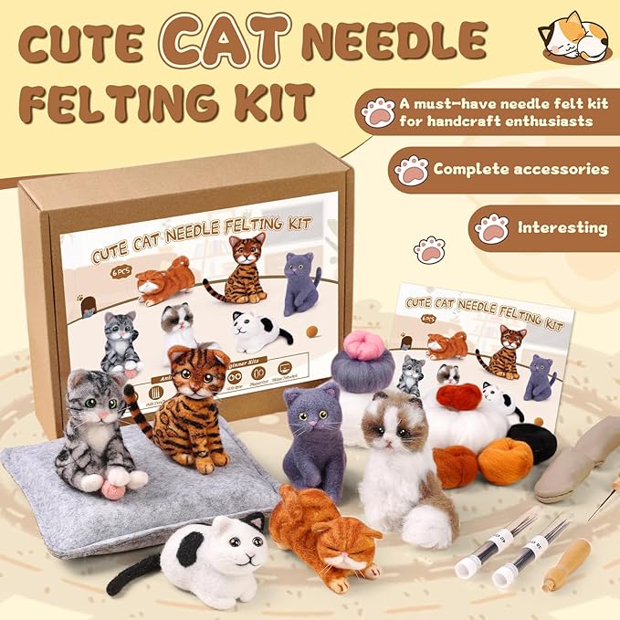 Mayboos 6 Pcs Needle Felting Kit, Animal Needle Felting Beginner Kits Wool Felt Needle Felting Tools with Instruction for DIY Craft Animal Home Decoration (Cute Cat)