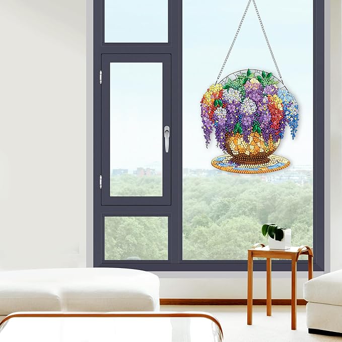 Pavemlo Hanging Diamond Art Kits for Adults Purple Flower – 8x8 Inch Double-Sided Acrylic Board DIY Crystal Diamond Suncatcher Pendant, Sparkling Home Wall or Window Decoration Handmade Gift