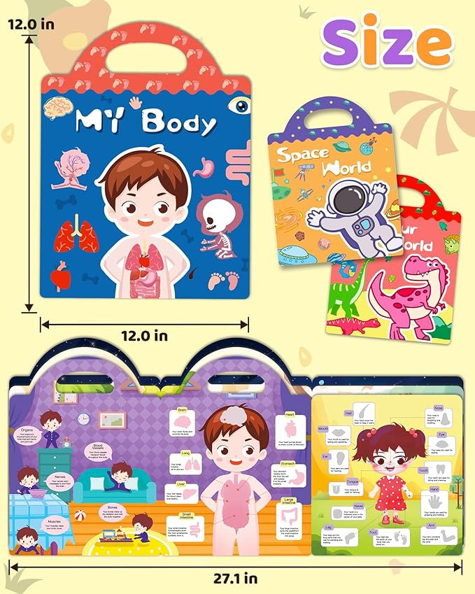 benresive reusable sticker books for kids, sticker books for toddlers, toddler travel toys activities crafts ages 3 and up birthday gifts - dinosaurs, space and body