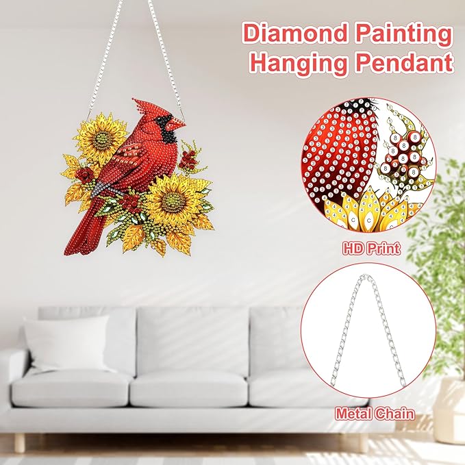 TOSTOG Cardinal Diamond Art Hanging Kits for Adults, Bird Sunflower Diamond Painting for Adults Window Pendant,Special Shape Diamonds Diamond Painting Hanging Pendant Kit for Wall Home Decor Gift