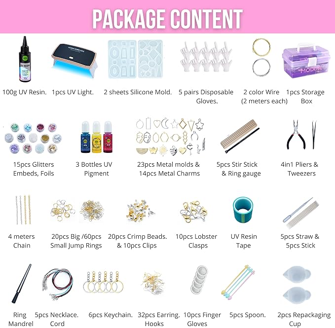 MODDA UV Resin Jewelry Making Kit, UV Lamp & Video Course Included, DIY Resin Kit for Adults, Teen Girls, Beginners with Molds, Glitters & Accessories