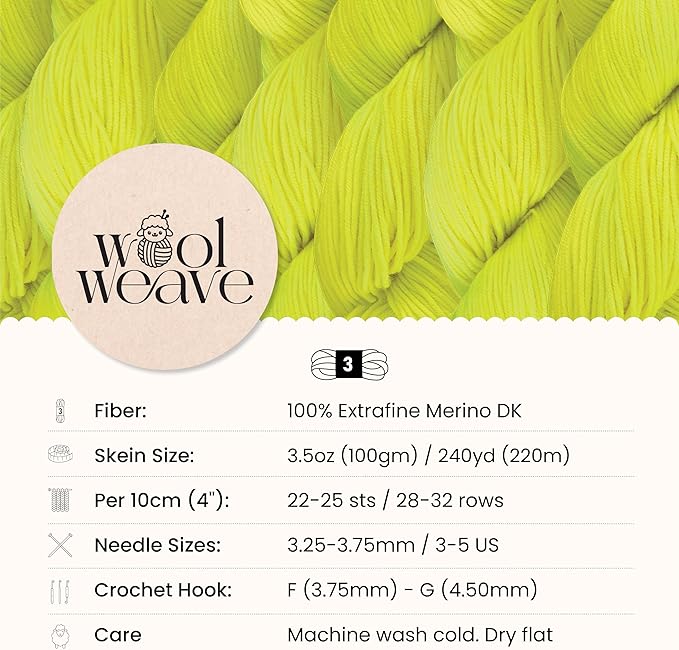 Superwash Merino Wool Yarn for Knitting & Crocheting - Hand Dyed, Luxurious & Soft Dk Weight Yarn, 100gr, 240 Yards - Neon Yellow