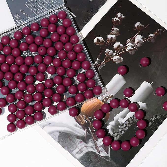 120pcs Richbunnys 15mm Bulk Silicone Beads for Pens and Keychain Making,Large Bead for Necklace and Bracelets Making,Assorted Rubber Beads Set(Wine Red)